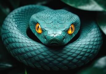 Fototapeta premium Close-up of a Vibrant Green Tree Snake Relaxing Among Lush Green Leaves, Showcasing Striking Yellow Eyes and Intricate Scales in Natural Habitat