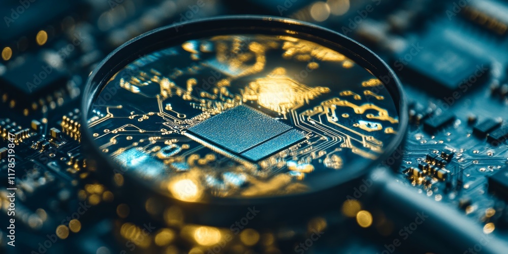 Poster detailed view of a microchip on a circuit board, emphasizing technological advancement and innovatio