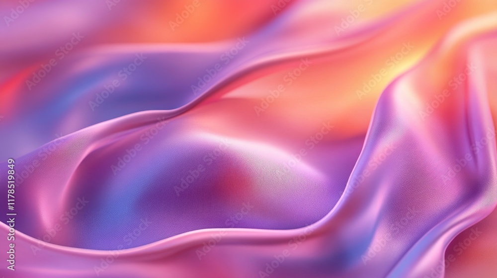 Poster an elegant close-up of a soft silk fabric with flowing waves in beautiful shades of pink and purple,
