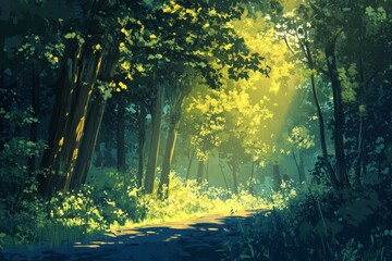 Obraz premium Forest with a path in the middle. The path is surrounded by trees and the sunlight is shining through the leaves