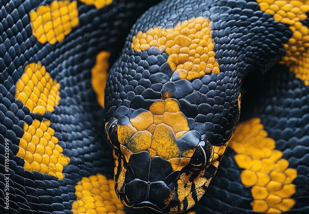 Poster close-up of a vibrant yellow and black snake showcasing intricate scales and unique color patterns, 