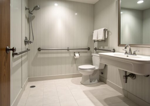 Modern accessible bathroom featuring grab bars and updated fixtures in well-lit space