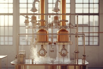 Obraz premium Industrial distillation apparatus with steam and golden components in a bright setting.