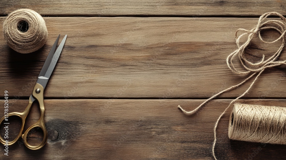 Poster a classic pair of scissors and a spool of twine placed on a smooth wooden surface with clean, open s