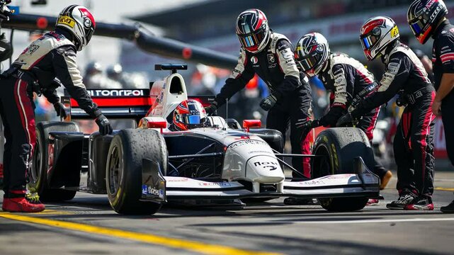 Formula One Pit Stop: Intense Action and Team Dynamics During Race Day Refueling