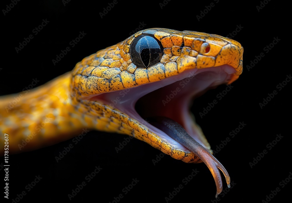 Poster close-up of a vibrantly colored snake with an open mouth showcasing intricate patterns and textures 