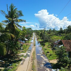 Disaster response and recovery initiative flooded rural area aerial view tropical environment community resilience concept