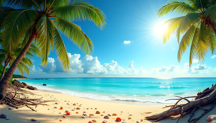 Obraz premium A vibrant tropical beach with turquoise water, golden sand, and swaying palm trees under a vivid blue sky with scattered white clouds and a bright sun.