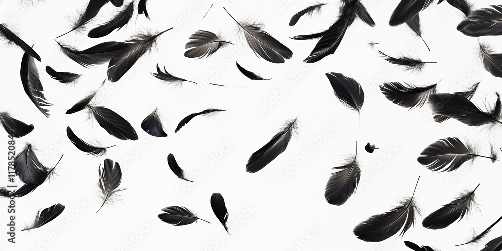 Poster elegant black feathers scattered on a white background, creating a minimalist and artistic visual ef