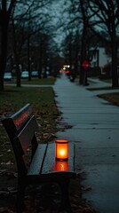 A serene nighttime scene featuring a glowing lantern on a park bench beside a quiet sidewalk.