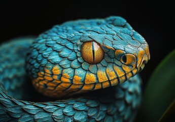 Fototapeta premium Close-Up of a Vibrantly Colored Snake with Detailed Scales and Striking Eye Features, Set Against a Dark Background, Ideal for Nature and Wildlife Photography