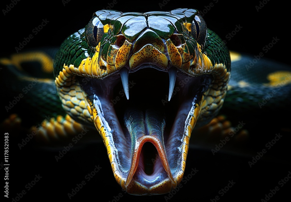 Aufkleber close-up of a vividly colored snake with open mouth, showcasing sharp fangs against a dark backgroun