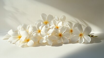 A cluster of delicate Plumeria blooms resting on a white surface with ample room for text or other creative uses