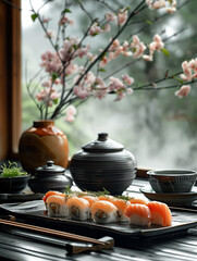 Elegant Sushi Presentation with Cherry Blossom Background