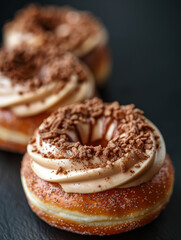 Decadent Chocolate Frosted Doughnuts on Black Surface.