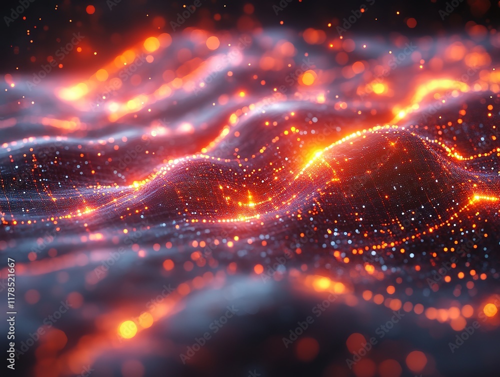 Poster glowing particle wave flowing in digital space.