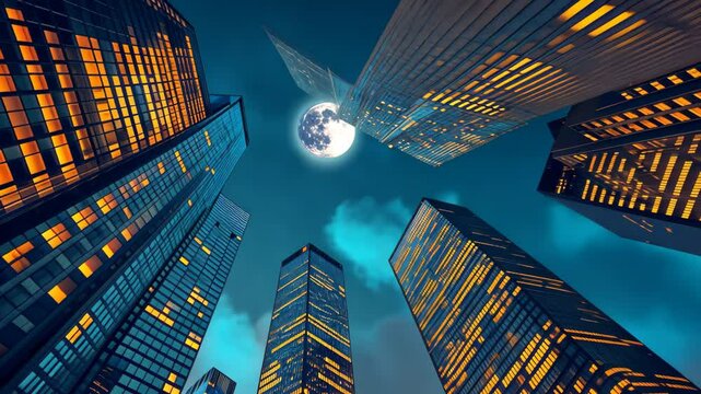 A videograph capturing a nighttime view of towering skyscrapers illuminated by the glowing light of a full moon, Glowing, luminescent skyscrapers under a tranquil moonlit sky