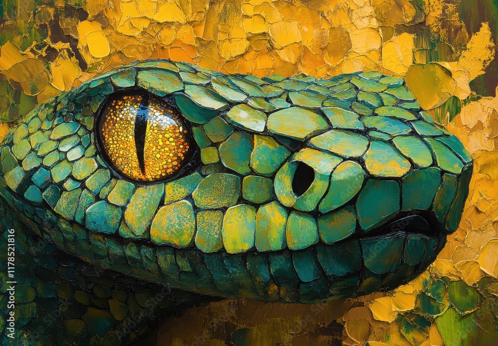 Poster close-up of an intricate colorful snake head with textured scales against a vibrant yellow backgroun