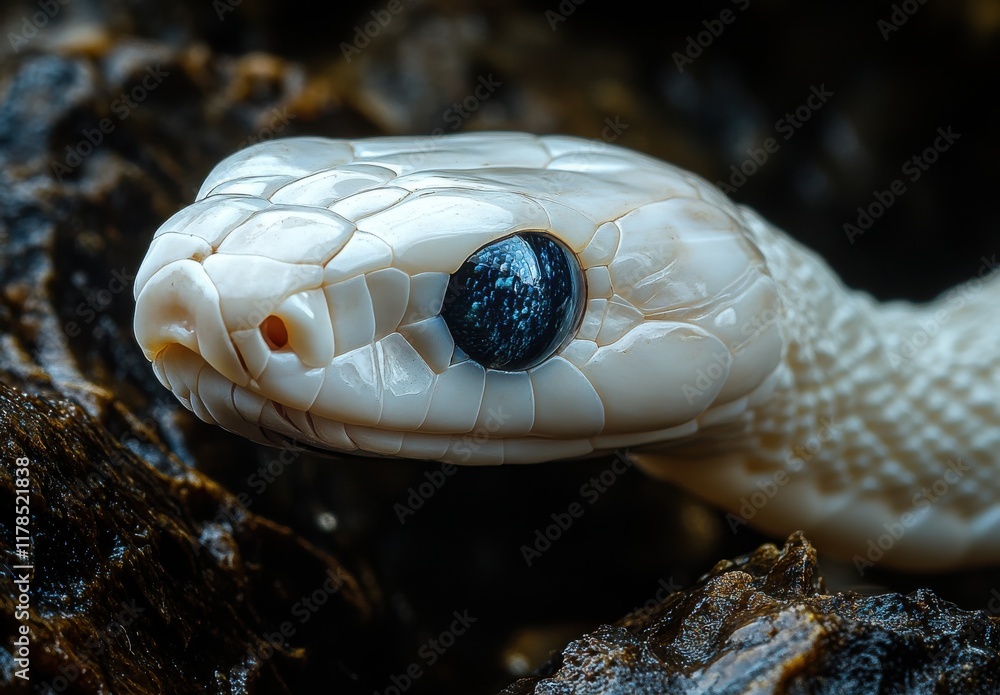 Poster close-up of an intricate and striking white snake with glossy blue eye resting on a textured surface