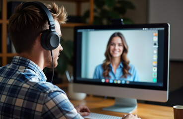 Man wearing headphones watches online class on computer screen. Student learns virtually with tutor teacher. Remote education concept. Person studies at home office. Virtual training session. Modern