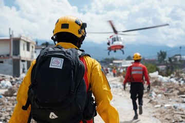 Obraz premium Disaster response teams mobilizing for recovery operations in post-disaster environments action-packed rescue missions aerial support and ground efforts