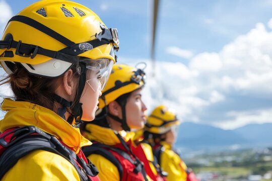 Emergency response team training mountain region action photography outdoor environment close-up viewpoint disaster management concepts