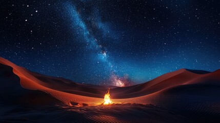 Naklejka premium A glowing fire creates a tiny oasis of light in the desert night, surrounded by high dunes under a breathtaking, star-filled sky