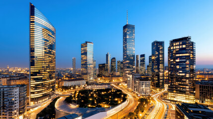 Fototapeta premium High resolution image of Milan skyline at dusk, showcasing modern architecture