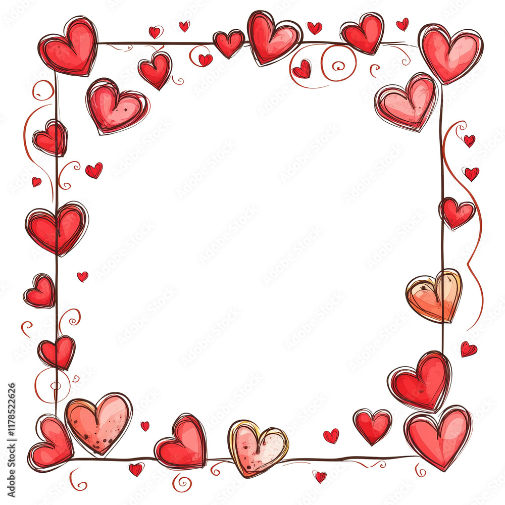 Poster a square frame composed of numerous hand drawn red hearts and swirls suitable for a valentines day d