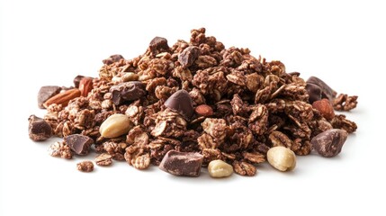 Obraz premium A heap of chocolate granola and mixed nuts, isolated on white. Perfect for breakfast-themed designs with copy space.