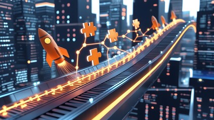 Obraz premium A sleek 3D digital conveyor belt with glowing data streams carrying icons of progress, such as rockets (innovation), puzzle pieces (optimization), and interconnected nodes (transformation).