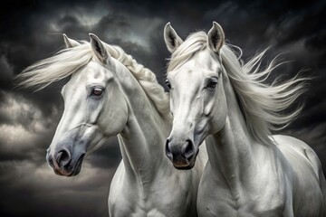 Majestic White Horses Panoramic Portrait - Monochrome Equine Duo Closeup Photography