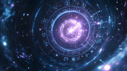 Zodiac symbols against galaxy swirl