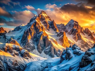 Fototapeta premium Majestic Winter Mountain Peaks: Breathtaking Alpine Scenery, Snow Capped Summits, Frozen Wilderness Photography