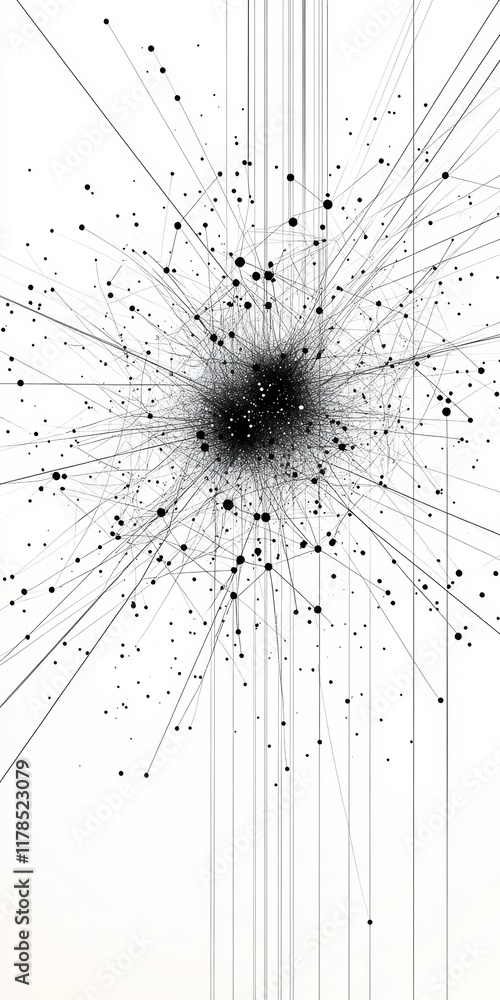 Poster dynamic abstract artwork featuring a network of black lines and scattered dots on a white background