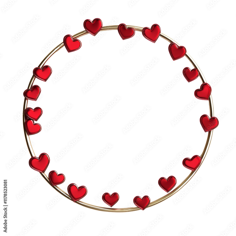 Poster A golden circular frame encircles numerous shiny red hearts against a white backdrop creating a romantic and festive design.