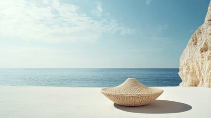 Coastal scene with a woven light-beige bowl-shaped object on a white surface near the ocean and a cliff.