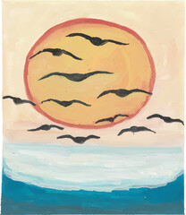 Beach sea sunset seagull pastel sky hand drawn watercolor illustration