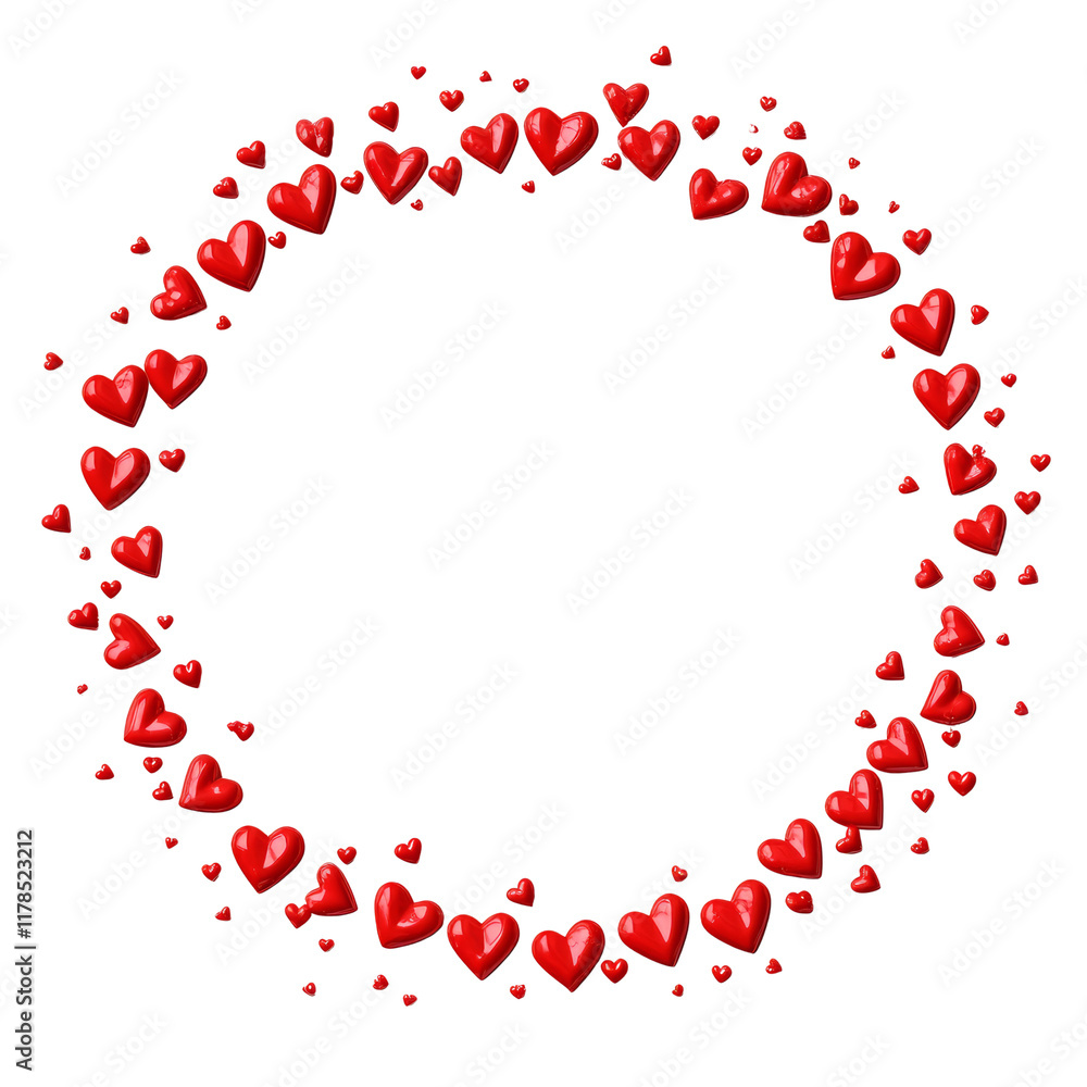 Poster A circular frame composed of various sized red hearts on a white background provides space for text or images.