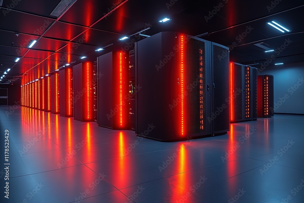 Poster glowing server racks in dark data center with reflections.