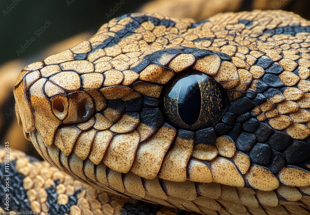 Poster close-up portrait of a colorful snake showcasing intricate patterns and textures, captured with high