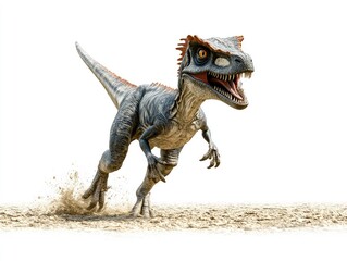 A dynamic illustration of a dinosaur running on a sandy surface.