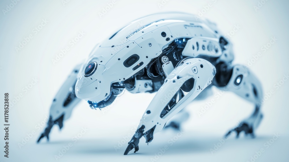 Aufkleber robot with a frog-like appearance is standing on a white background. the robot has a metallic look