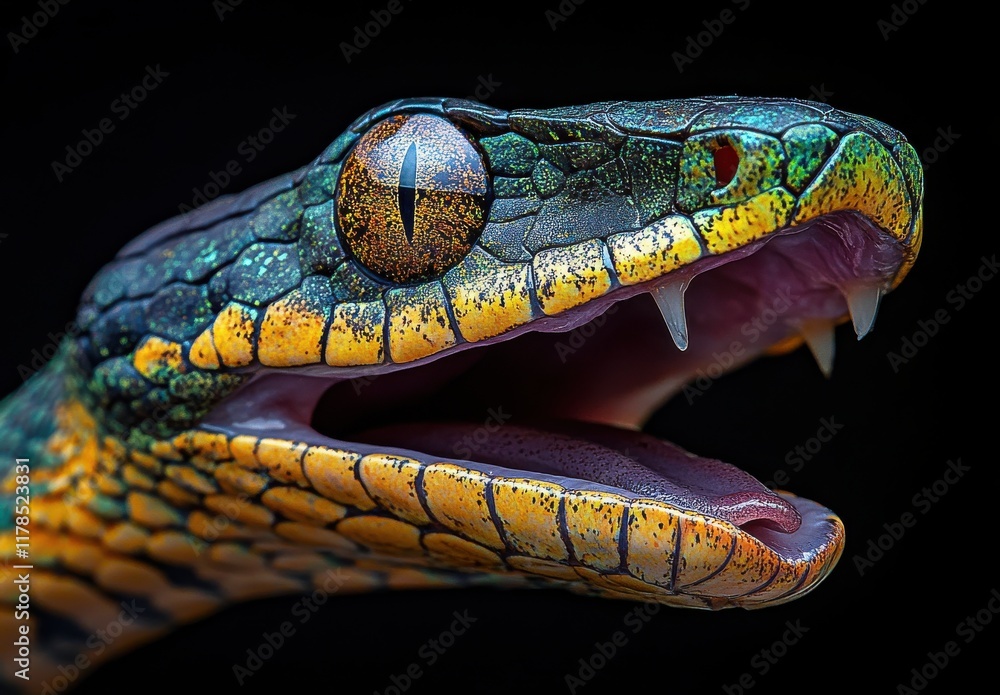 Poster close-up portrait of a colorful snake with intricate scales and vivid colors, showcasing its open mo