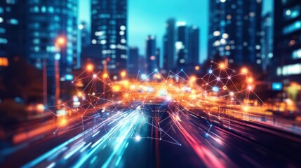 Obraz premium City at Night with Light Trails and Connections