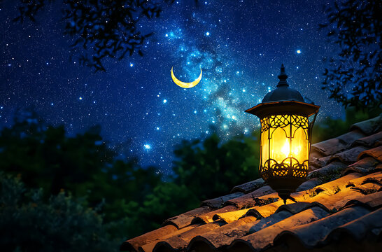 Night Scene with Glowing Lantern Under Starry Sky and Crescent Moon