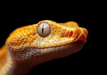 Fototapeta premium Close-Up Portrait of a Vibrant Orange Snake with Intricate Scale Patterns Against a Black Background, Showcasing Its Unique Eye and Textural Details