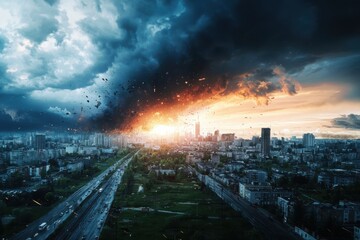 Devastating storm impacting urban area cityscape photography dramatic environment aerial view disaster risk reduction focus