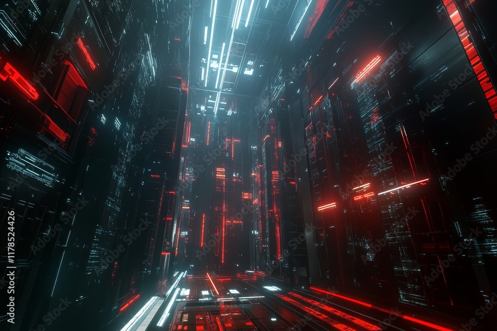 Poster abstract perspective of data nodes in a futuristic digital environment with bright red and blue ligh