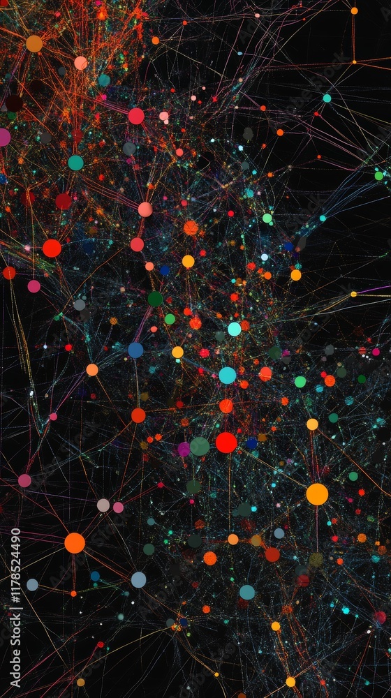 Poster abstract visualization of interconnected data nodes in vibrant colors for creative design projects